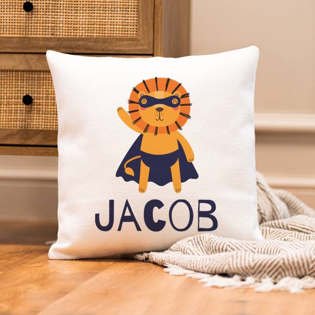 Personalised Superhero Cushion - Nursery Boy's Lion Baby Boy Gift