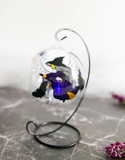 Hand Painted Halloween Witch Glass Candle Holder With Metal Stand - image 1
