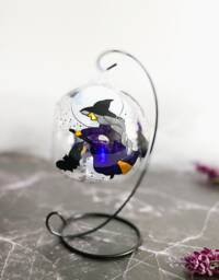 Hand Painted Halloween Witch Glass Candle Holder With Metal Stand