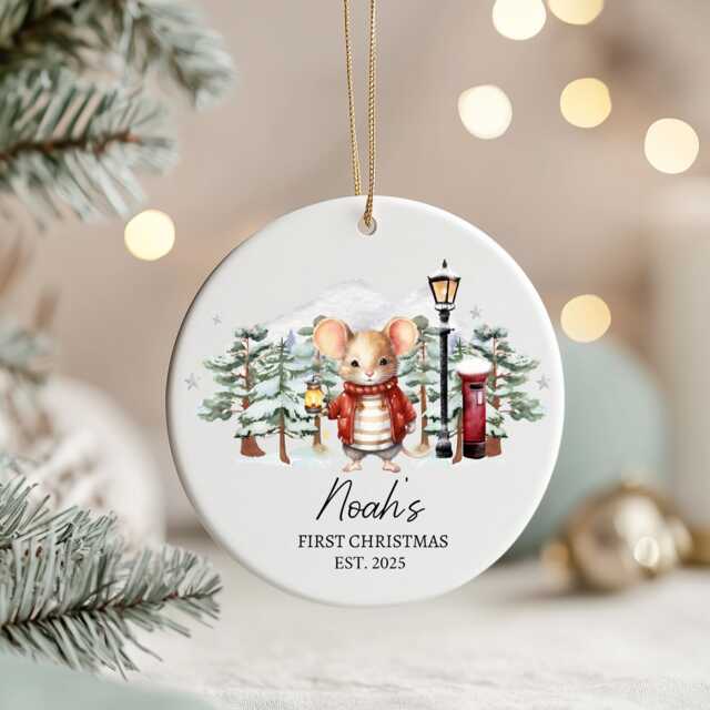 Personalised Baby's First Christmas Ornament 2025 - Mouse in Red Coat, Keepsake For Grandson, Granddaughter - image 1