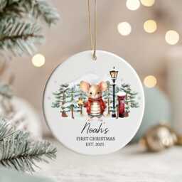 Personalised Baby's First Christmas Ornament 2025 - Mouse in Red Coat, Keepsake For Grandson, Granddaughter - thumbnail 1