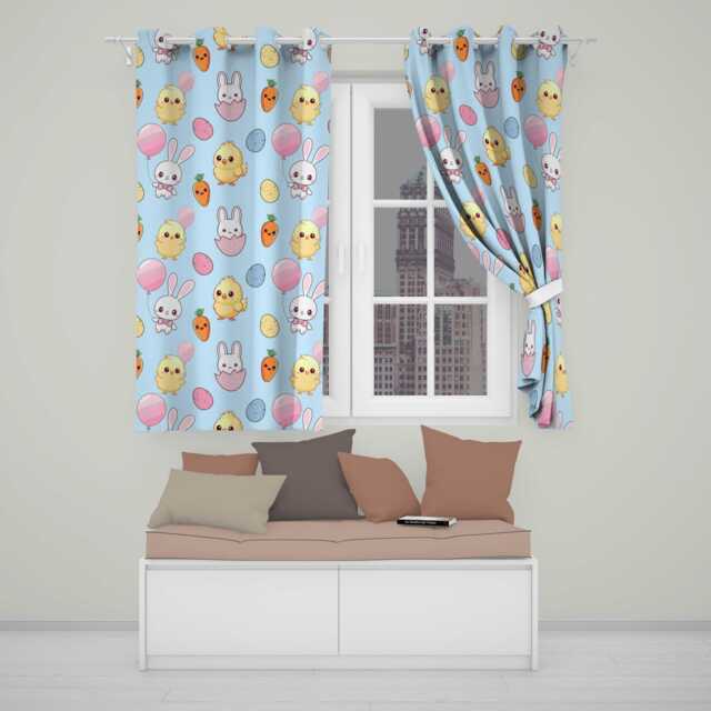 Cute Easter Bunny Chick Carrot Egg Blue Background Seamless Pattern Readymade Eyelet Ring Top Thermal 100% Blackout Curtains - image 1
