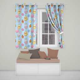 Cute Easter Bunny Chick Carrot Egg Blue Background Seamless Pattern Readymade Eyelet Ring Top Thermal 100% Blackout Curtains - thumbnail 1