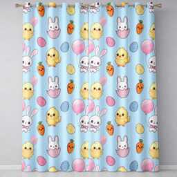 Cute Easter Bunny Chick Carrot Egg Blue Background Seamless Pattern Readymade Eyelet Ring Top Thermal 100% Blackout Curtains - thumbnail 2