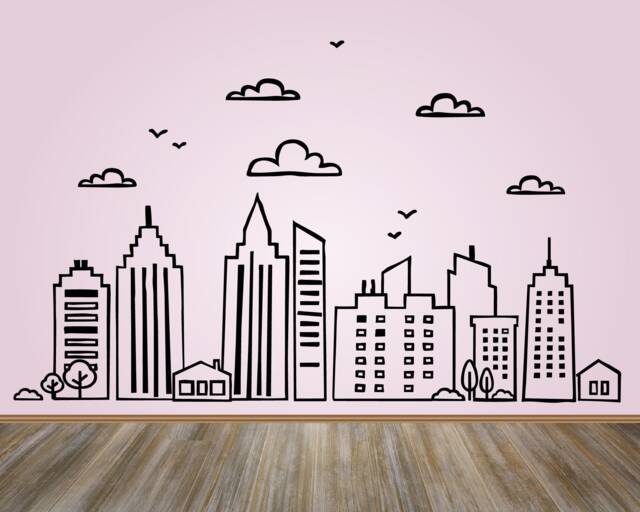 Doodled City Skyline Vinyl Wall Decal Kid's Room Decor - image 1