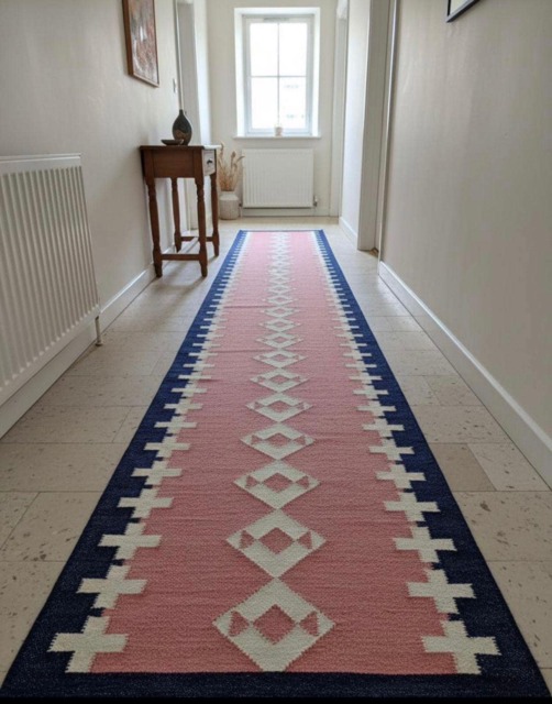 Handmade Scandinavian Kilim Runner Rug, Geometric Pink, Beige & Blue Wool Carpet - image 1