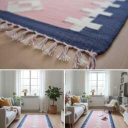 Handmade Scandinavian Kilim Runner Rug, Geometric Pink, Beige & Blue Wool Carpet - thumbnail 4