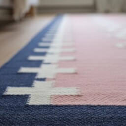 Handmade Scandinavian Kilim Runner Rug, Geometric Pink, Beige & Blue Wool Carpet - thumbnail 2