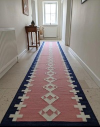 Handmade Scandinavian Kilim Runner Rug, Geometric Pink, Beige & Blue Wool Carpet - thumbnail 1