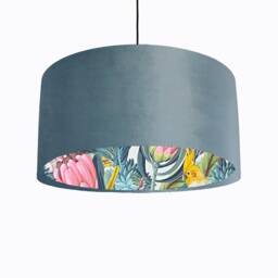 Duck Egg Blue Velvet Lampshade With Blush Parrot Lining, Large Ceiling Lightshade