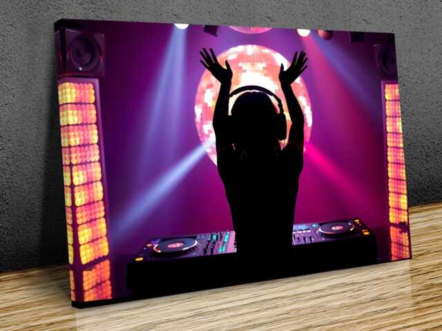 Disco Dj Girl, Disco Ball & Decks, Modern Contemporary Wall Art, Mounted Canvas Print Ready To Hang - image 1