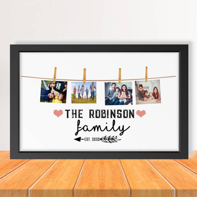 Personalised Family Photo Collage, Peg Photos Print, Pegs Framed Gift, Name & Date Framed Print, Christmas Gift - image 1