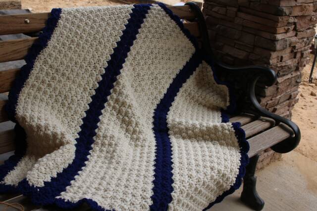 Handmade Crochet Baby Blanket Off White & Navy Blue Afghan - image 1