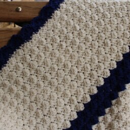 Handmade Crochet Baby Blanket Off White & Navy Blue Afghan - thumbnail 3