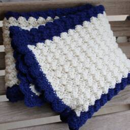 Handmade Crochet Baby Blanket Off White & Navy Blue Afghan - thumbnail 4