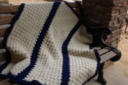 Handmade Crochet Baby Blanket Off White & Navy Blue Afghan - thumbnail 1