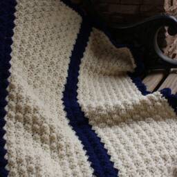 Handmade Crochet Baby Blanket Off White & Navy Blue Afghan - thumbnail 2