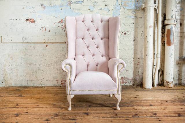 British Handmade Powder Pink Textured Velvet Chesterfield Highback Wing Chair - image 1