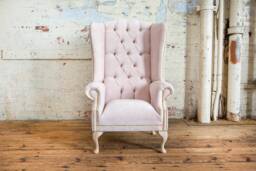 British Handmade Powder Pink Textured Velvet Chesterfield Highback Wing Chair
