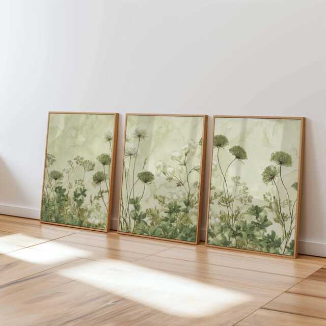 Sage Green Botanical Wall Art Set Of 3, Minimal Floral Prints, Modern Nature Posters For Bedroom, Living Room Or Scandinavian Home Decor - image 1