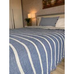 Organic Muslin Bedspread King, Striped Blanket, Gauze Bed Cover - thumbnail 4