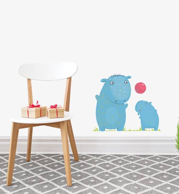 Hippos Playing Ball Together Wall Sticker Decal - Kids Stickers, Animals Childrens Decals, Art, Room