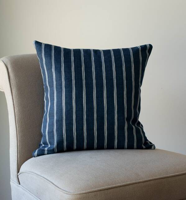 Cambridge Stripe Cushion in Denim Indigo Blue. Chalk Stripe, Summer Nautical Inspired Style, 100% Sustainable Cotton. 17x17 - image 1