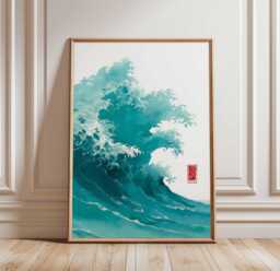 Japanese Wave Poster - Turquoise Ocean Print in Ukiyo-E Style, Minimalist Sea Wall Art Unframed