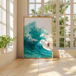 Japanese Wave Poster - Turquoise Ocean Print in Ukiyo-E Style, Minimalist Sea Wall Art Unframed - thumbnail 3