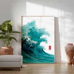 Japanese Wave Poster - Turquoise Ocean Print in Ukiyo-E Style, Minimalist Sea Wall Art Unframed - thumbnail 4