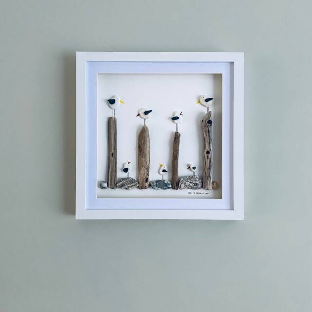 Cornish Seagull Wall Art Framed Pebble Picture Handmade in Cornwall - image 1