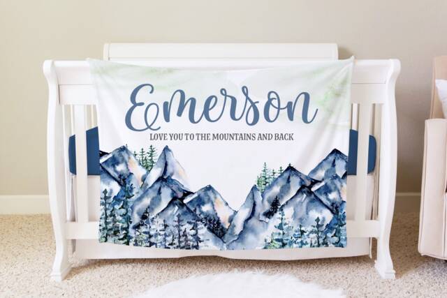 Mountains Blanket, Personalized Baby Blanket Gift, Toddler Forest Decor, Birthday Mountain Theme, Adventure Awaits - image 1