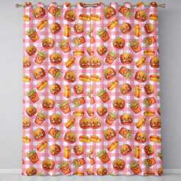 Kawaii Burger Fries Hotdog Fast Food Seamless Pattern Red Gingham Background Readymade Eyelet Ring Top Thermal 100% Blackout Curtains - thumbnail 2