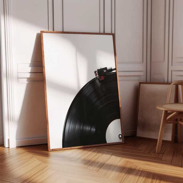Retro Vinyl Record Poster, Music Player Art, Black & White Lover Gift, Minimalist Apartment Decor - image 1