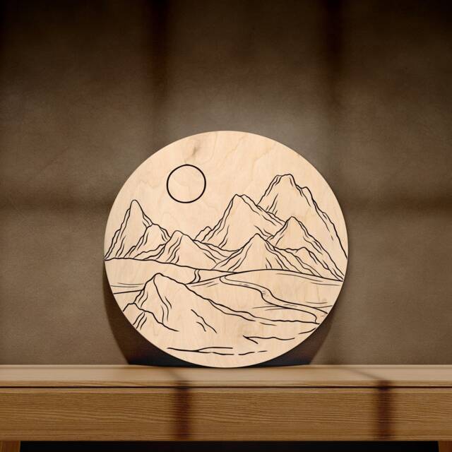 Wooden Mountain Wall Decor, Mountain Scene Art, Round Circle Scene, Landscape Desert Art - image 1
