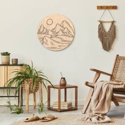 Wooden Mountain Wall Decor, Mountain Scene Art, Round Circle Scene, Landscape Desert Art - thumbnail 2