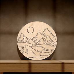 Wooden Mountain Wall Decor, Mountain Scene Art, Round Circle Scene, Landscape Desert Art - thumbnail 1