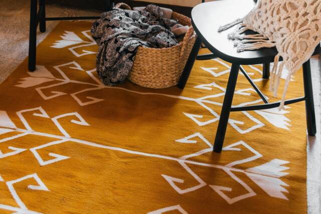 Mustard Yellow Floral Kilim Rug - Wool Area Handwoven Scandinavian Runner Washable Living Room Soft Carpet 8x10 - image 1