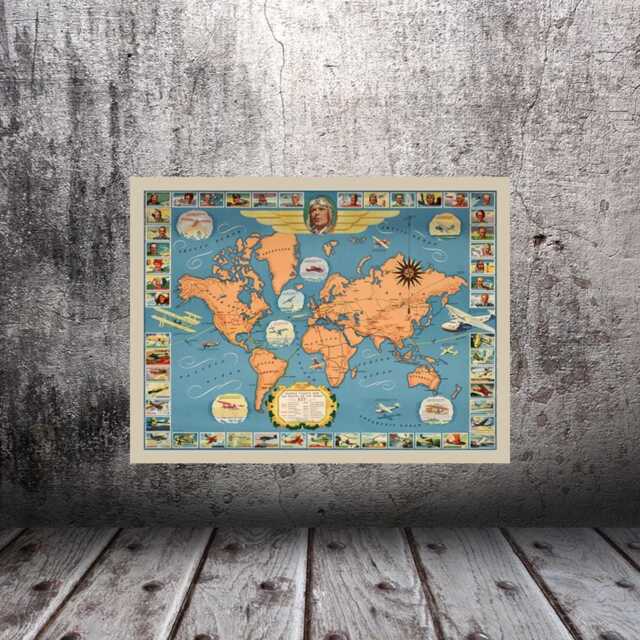 Vintage World Map Print Famous Flights & Air Routes - image 1
