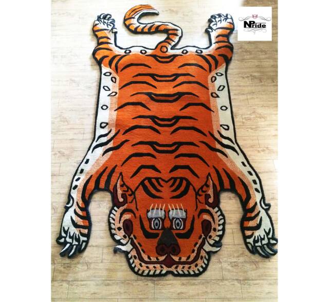 Tibetan Tiger Skin Wool Rug Handknotted Orange Nepal - Buddhist Animal Print Carpet 3 Sizes - image 1