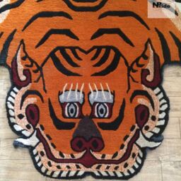 Tibetan Tiger Skin Wool Rug Handknotted Orange Nepal - Buddhist Animal Print Carpet 3 Sizes - thumbnail 2
