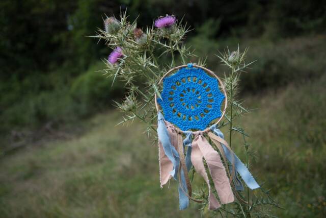 Crochet Dreamcatcher in Blue Colour, Linen & Burlap Ribbons, Framed Dreamcatcher, Wall Decoration, Boho Decor - image 1