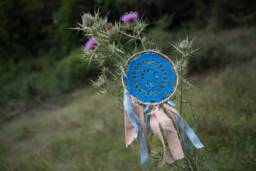 Crochet Dreamcatcher in Blue Colour, Linen & Burlap Ribbons, Framed Dreamcatcher, Wall Decoration, Boho Decor - thumbnail 1
