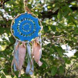 Crochet Dreamcatcher in Blue Colour, Linen & Burlap Ribbons, Framed Dreamcatcher, Wall Decoration, Boho Decor - thumbnail 2