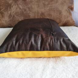 Dark Brown Faux Leather Pillow Cover With Pocket Yellow Biogen Recycled Back - 40x44cm - thumbnail 4