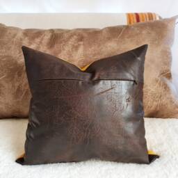 Dark Brown Faux Leather Pillow Cover With Pocket Yellow Biogen Recycled Back - 40x44cm - thumbnail 3