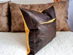 Dark Brown Faux Leather Pillow Cover With Pocket Yellow Biogen Recycled Back - 40x44cm