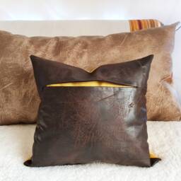 Dark Brown Faux Leather Pillow Cover With Pocket Yellow Biogen Recycled Back - 40x44cm - thumbnail 2