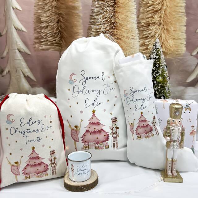 Personalised Pink Christmas Sack, Stocking & Mug, Nutcracker Fairy Design, Special Delivery Bag, Baby Girl's First Gift - image 1