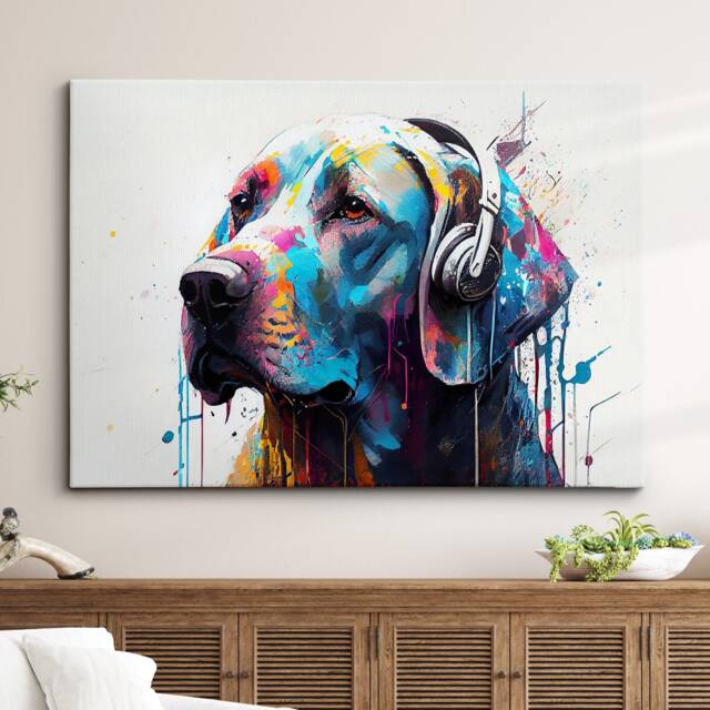 Labrador With Headphones Dog Pet Abstract Modern Painting Wall Art, Framed Canvas Poster Print, Home Kitchen Office Room Decor, Gifts - image 1